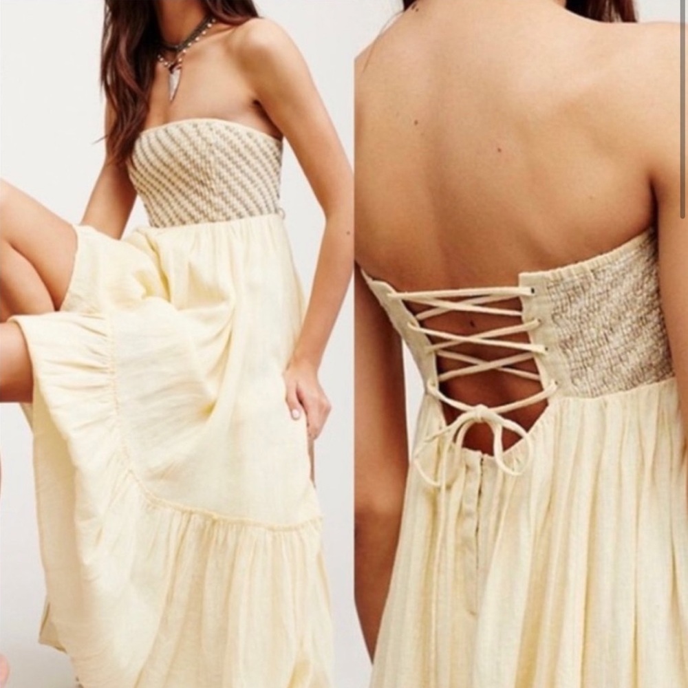 Free People RARE Maxi Dress Linen Shimmers In The Sky Corset Beating Size Small